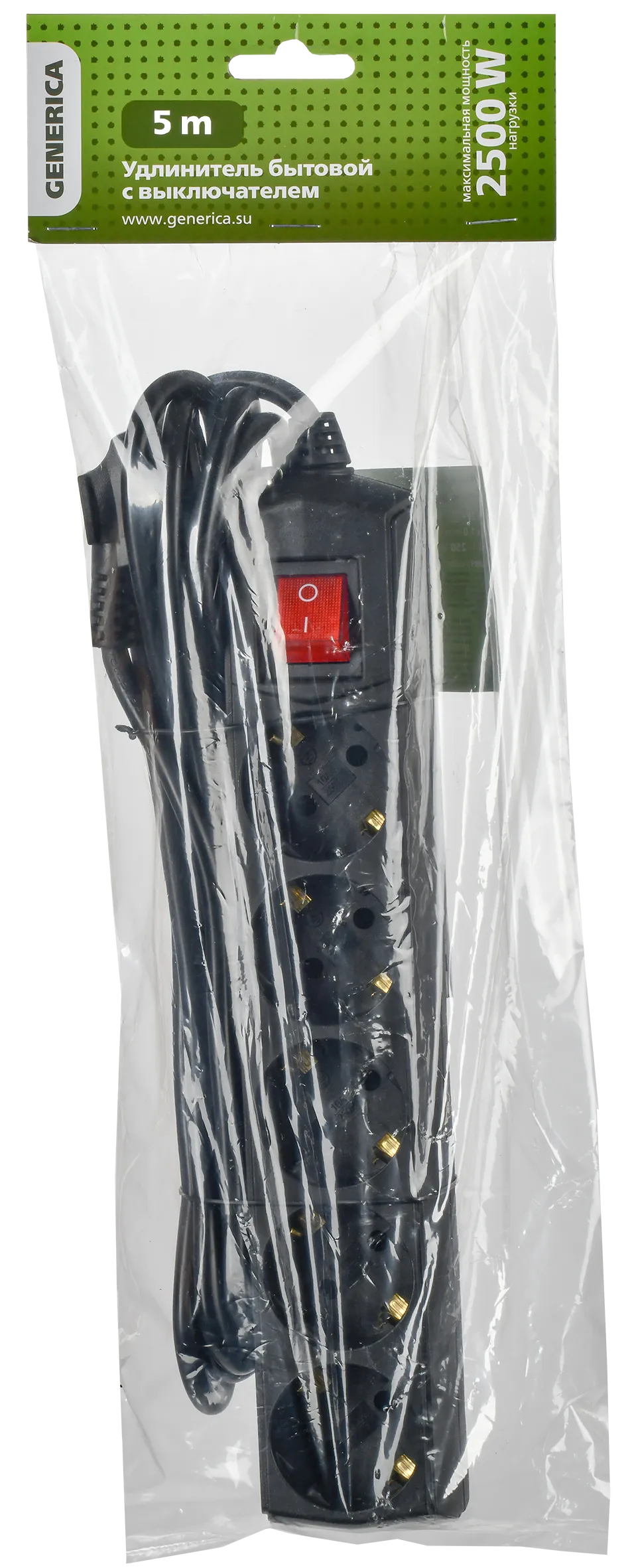 Удлинитель У05В 5 мест с заземлением 5м 3х1мм2 10А/250В черный GENERICA - Фото 2