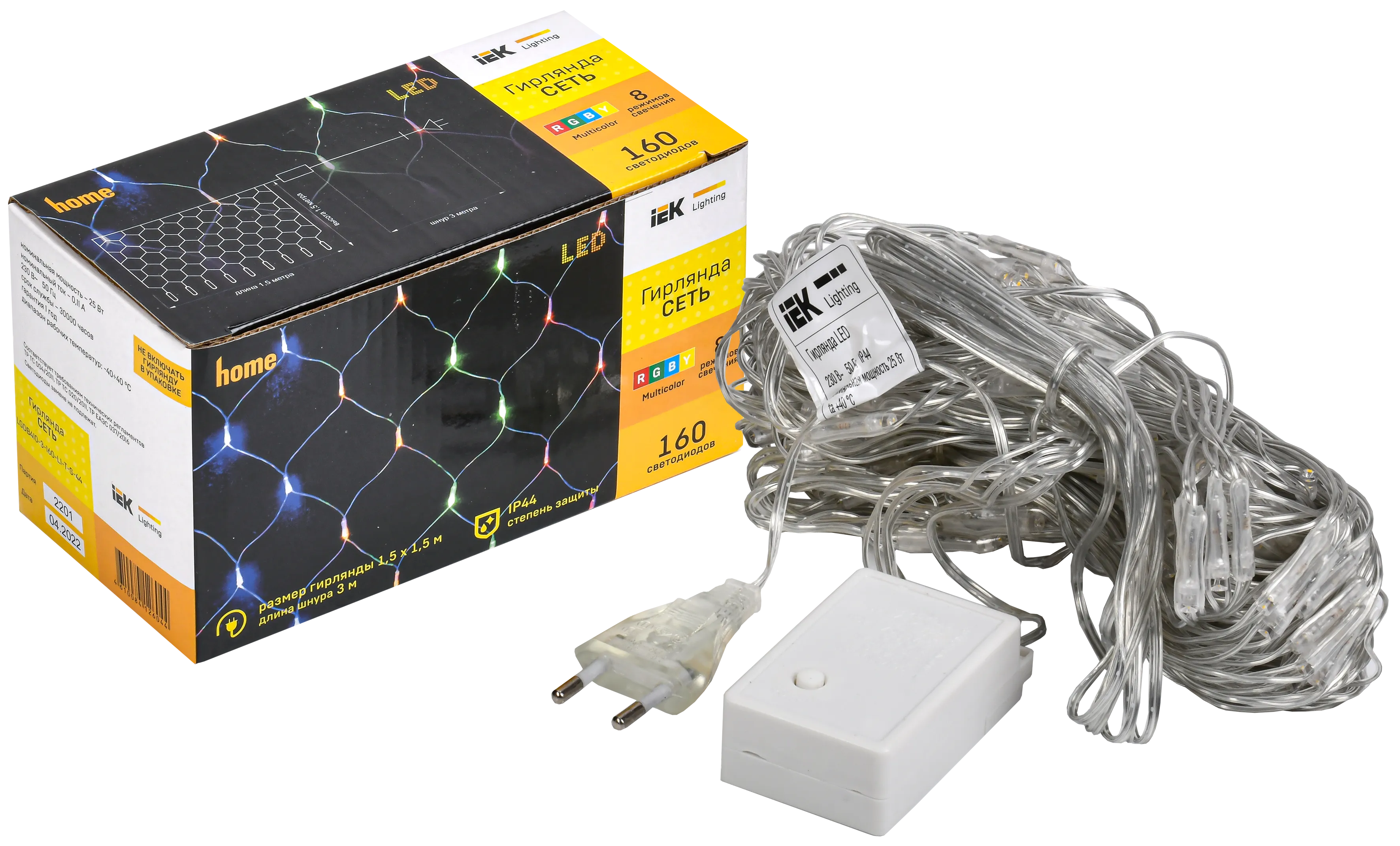 LIGHTING Гирлянда сеть 1,5х1,5м 160 светодиодов RGB IP20 прозрачный шнур 3м 230В контроллер 8 сцен IEK - Фото 2