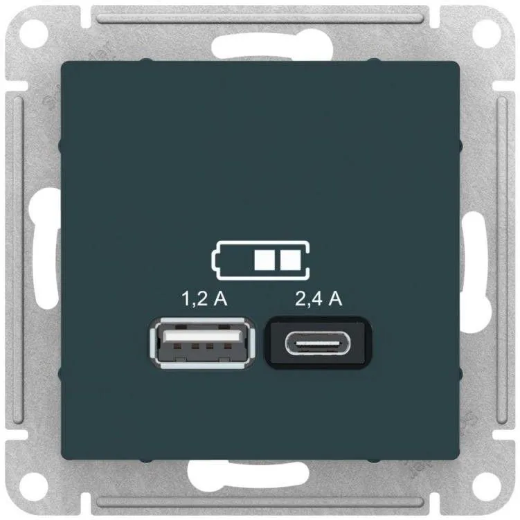 Розетка USB AtlasDesign тип A+C 5В/2.4А 2х5В/1.2А механизм изумруд SE ATN000839