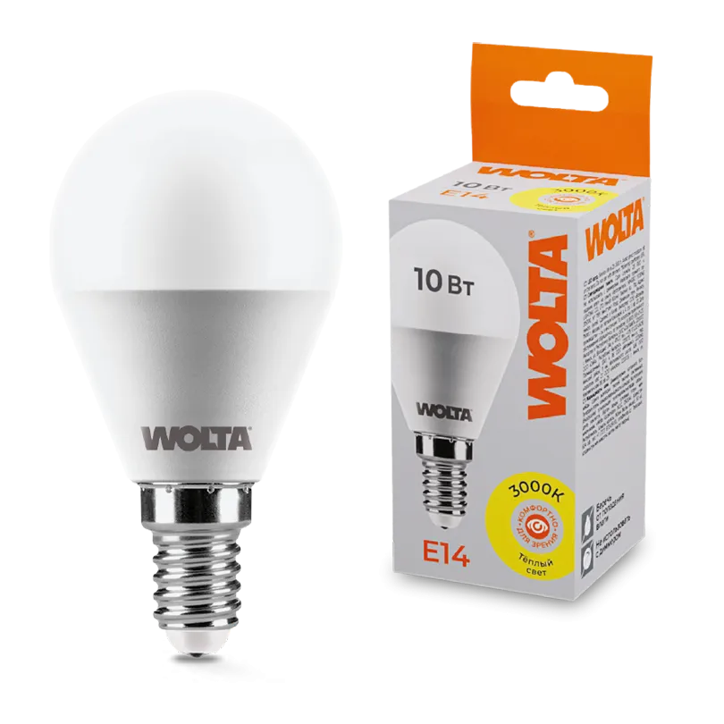 Лампа светодиодная "Шар G45" 10Вт 800лм 3000К Е14 (50шт/уп) WOLTA