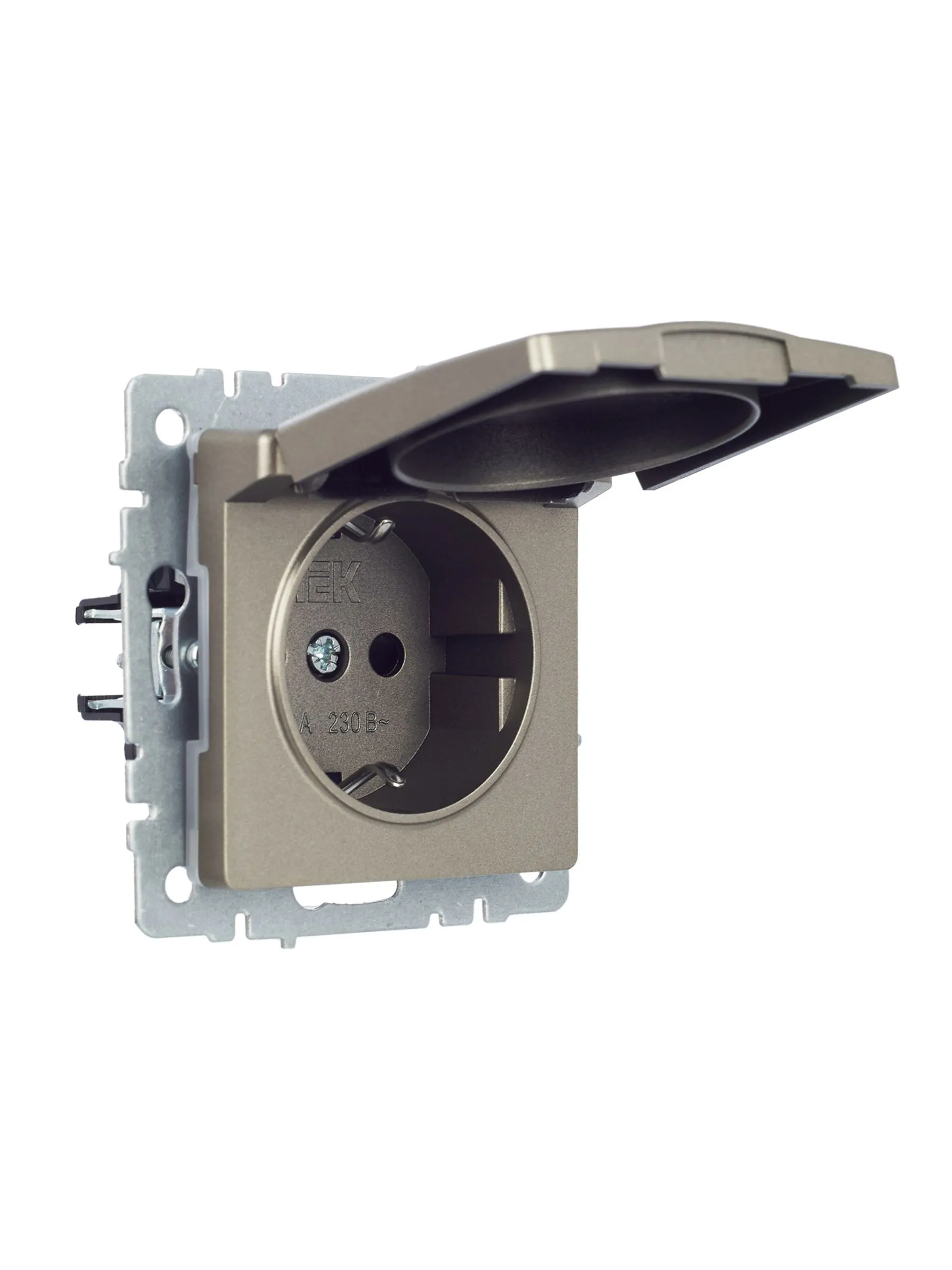 BRITE Розетка 1-местная с заземлением с защитными шторками и крышкой 16А IP44 РСбш10-3-44-БрШ шампань IEK - Фото 9