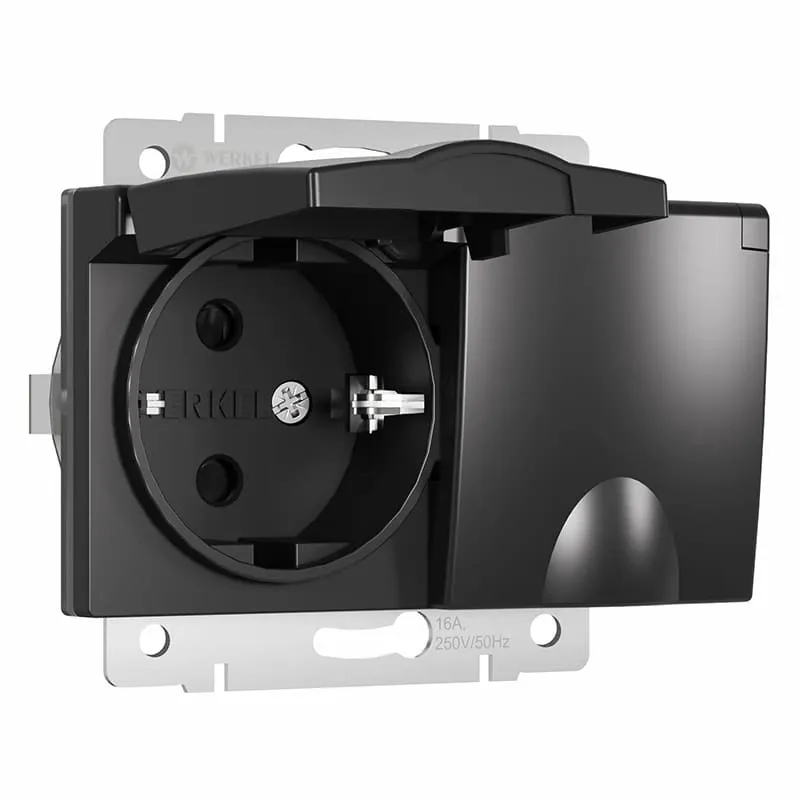 Розетка двойная влагозащ. с зазем. с защит. крышками и шторками (черный матовый) Werkel