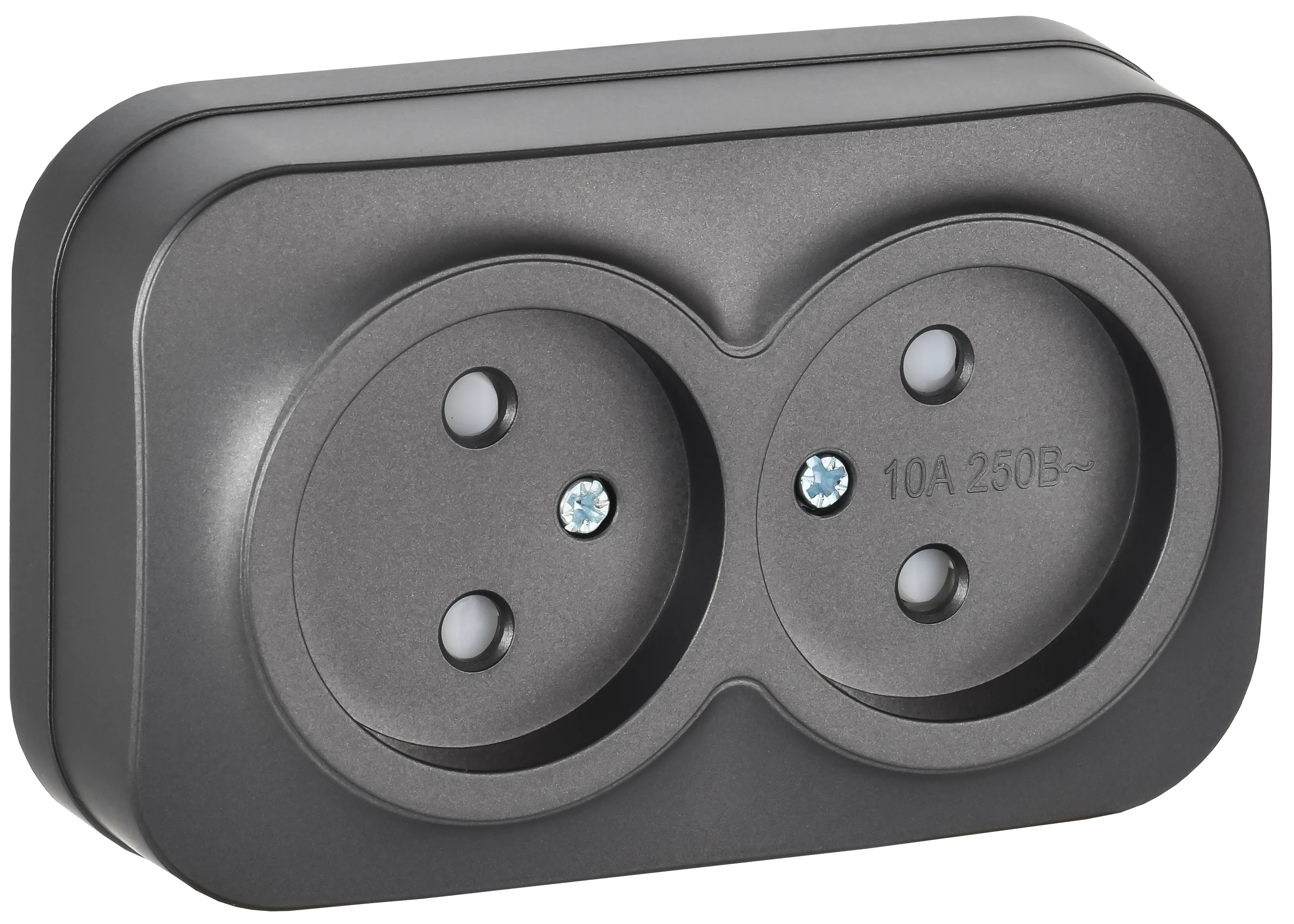 GLORY Розетка 2-местная для открытой установки без заземления с защитными шторками 10А РСш22-2-ХСм сталь матовый IEK