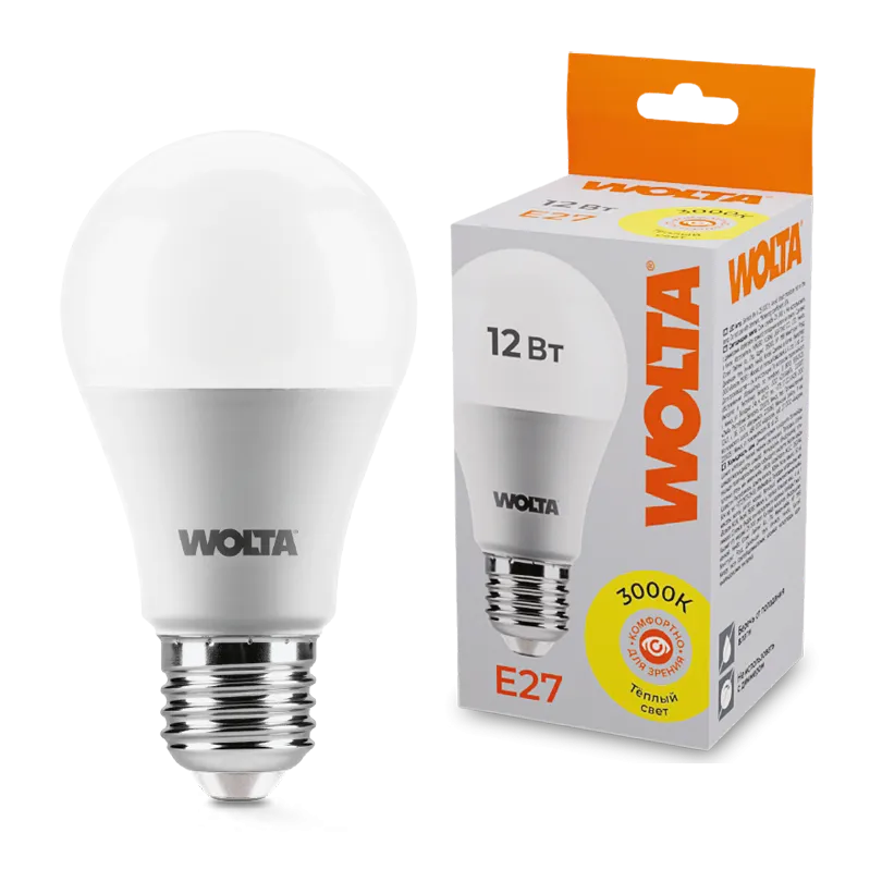 Лампа светодиодная "Груша" A60 12Вт 1000лм 3000К Е27 (50шт/уп) WOLTA