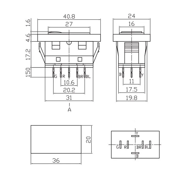 Переключатель (стеклоподъемника) клавишный 12V 20А (6с) (ON)-OFF-(ON) черный с подсветкой и проводом (ASW-21D) REXANT - Фото 2