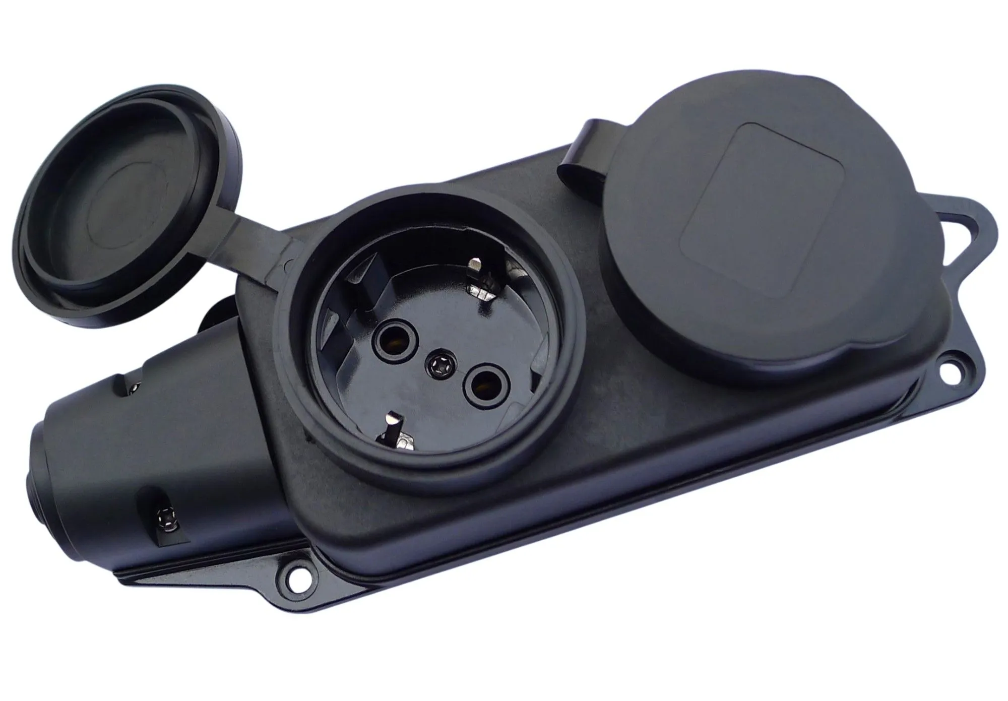 Розетка 2-местная огнестойкая с защитными крышками 16A, 250V, каучук, черный DEKRON для дома