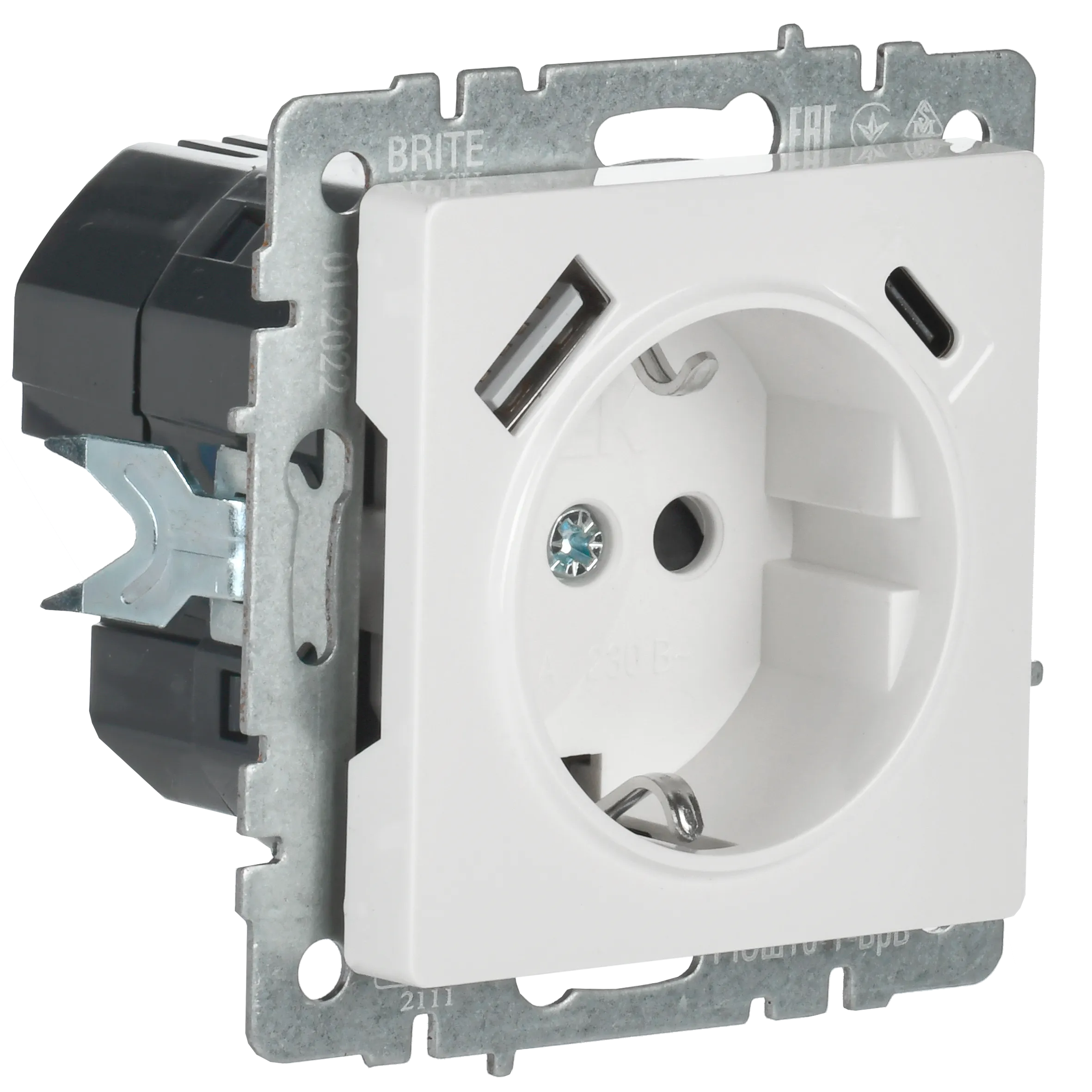 BRITE Розетка 1-местная с заземлением с защитными шторками 16А с USB A+C 18Вт РЮш11-1-БрБ белый IEK для электромонтажа - Фото 2