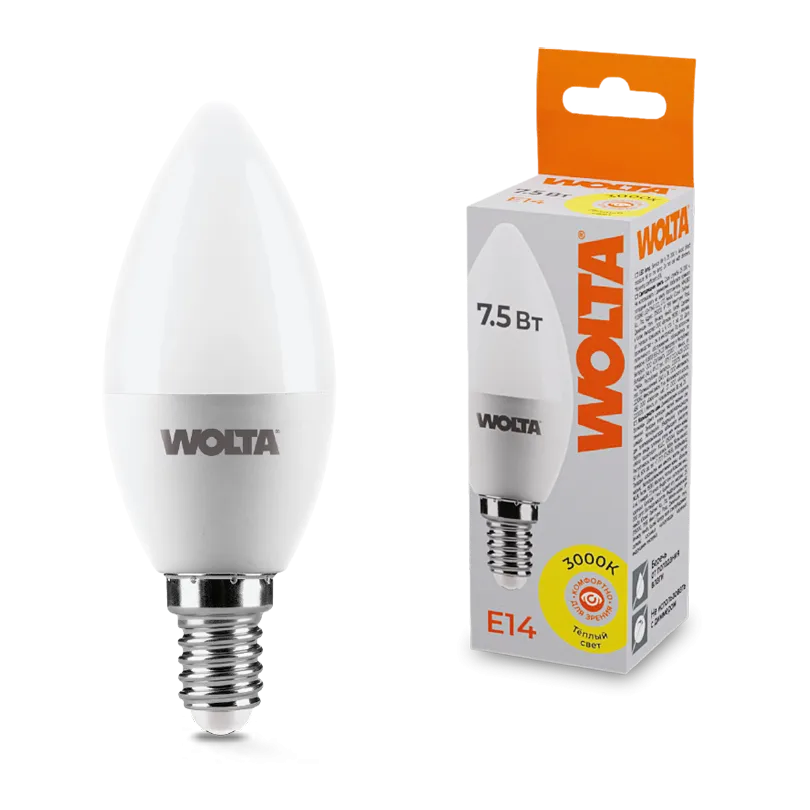 Лампа светодиодная "Свеча-C37" 7.5Вт 450лм 3000К Е14 (50шт/уп) WOLTA