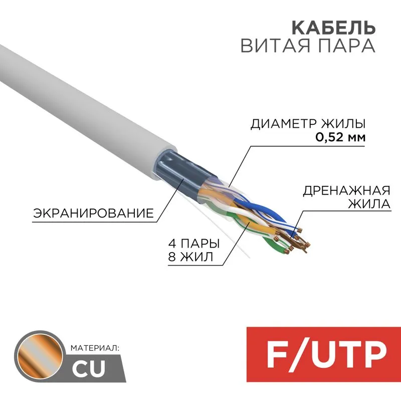 Кабель витая пара F/UTP, CAT 5e, PVC, 4х2х0,52 мм, 24AWG, INDOOR, SOLID, серый, 305 м REXANT PRO 02-0025