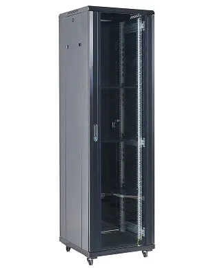 Напольный шкаф 19" 27U 600×600×1387 (ШxГxВ), дверь стекло, металлическая задняя дверь, боковые съемные стенки, RAL 9005 REXANT 04-2766-212