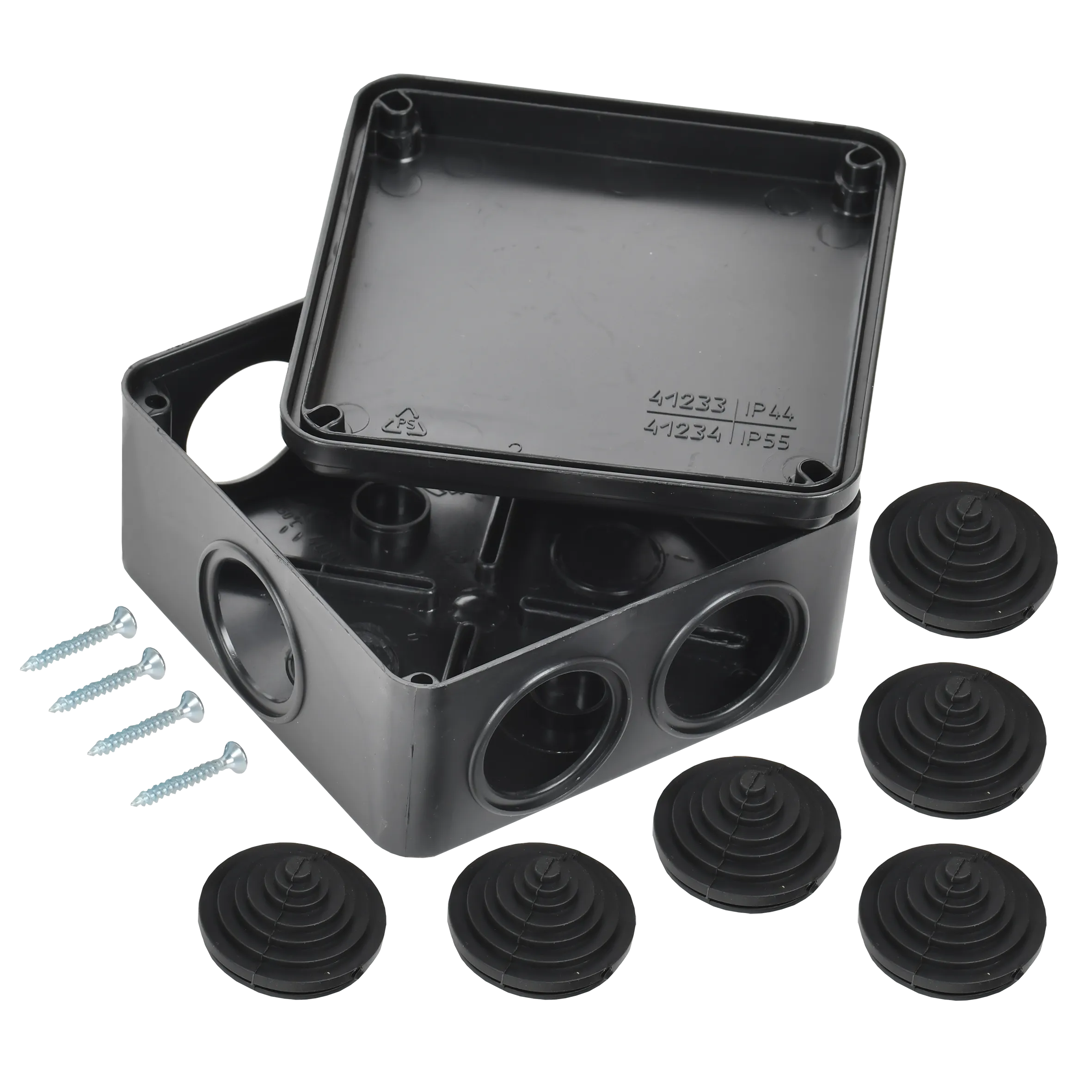 Коробка распаячная КМ41233 для открытой проводки безгалогенная (HF) 100х100х50мм IP44 6 гермовводов черная (RAL 9005) IEK - Фото 2