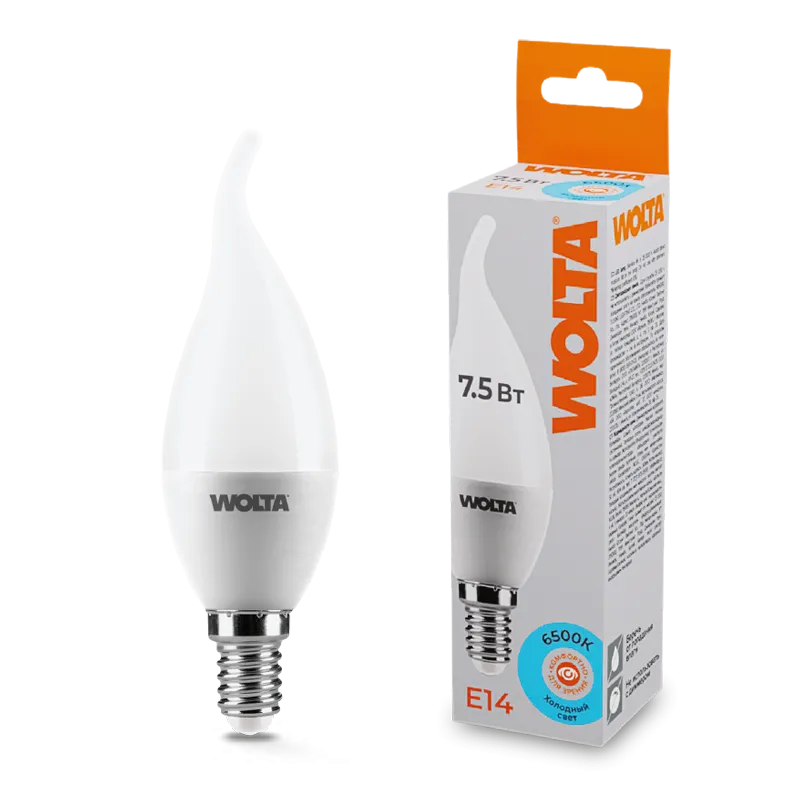 Лампа светодиодная "Свеча на ветру-CD37" 7.5Вт 450лм 6500К Е14 (50шт/уп) WOLTA