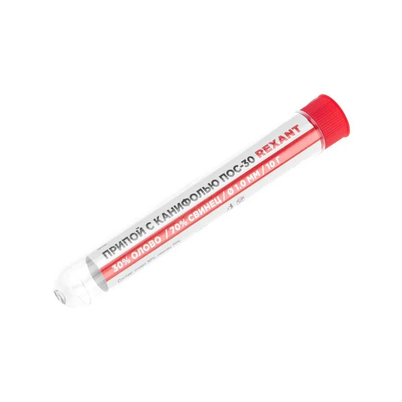 Припой с канифолью ПОС-30, 10г, Ø1мм, (олово 30%, свинец 70%), колба REXANT - Фото 3