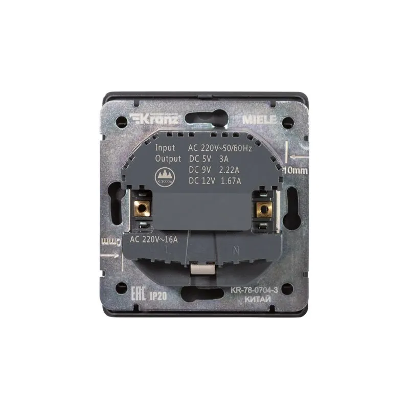 Розетка ROUND 1-ая с/з с/у з/ш 16А с USB A+C быстрой зарядки 5В/3А оникс KRANZ - Фото 3