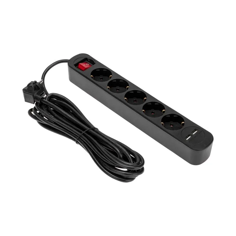 Удлинитель STANDARD 5 гнезд, 5м, 3х1,0мм², с/з, с выключателем, 2 USB, черный REXANT - Фото 2