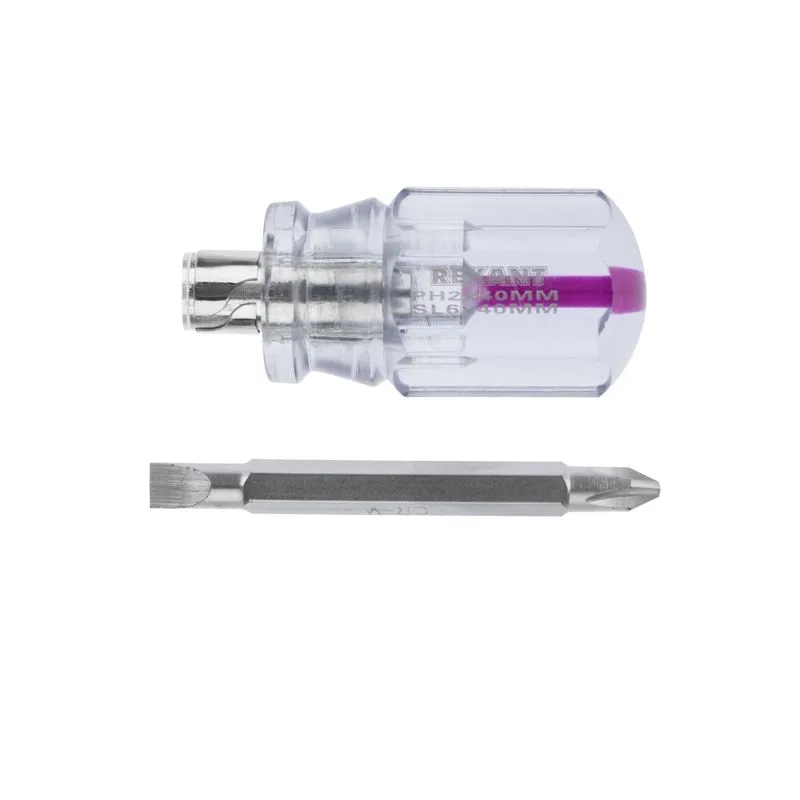 Отвертка комбинированная, прозрачная рукоятка, двухсторонний стержень 40мм (крестовая PH2, шлицевая SL6) REXANT - Фото 2