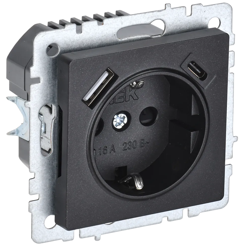 BRITE Розетка 1-местная с заземлением с защитными шторками 16А с USB A+C 18Вт РЮш11-1-БрЧ черный IEK BR-R14-16-U22-018-K02