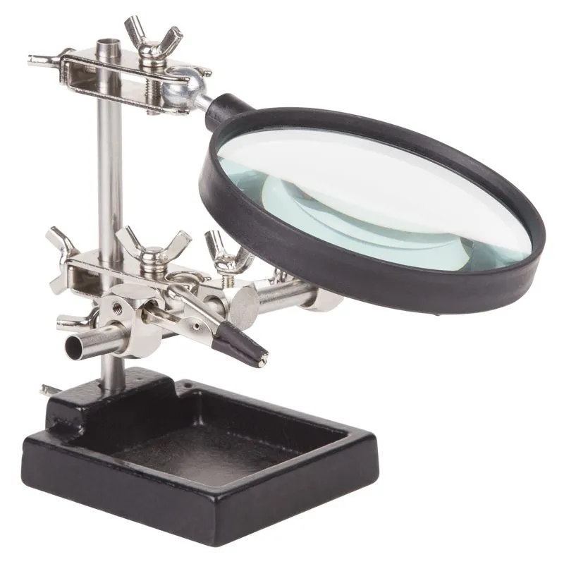 Держатель Третья рука, 2 зажима, лупа 90мм (3х), чугун REXANT