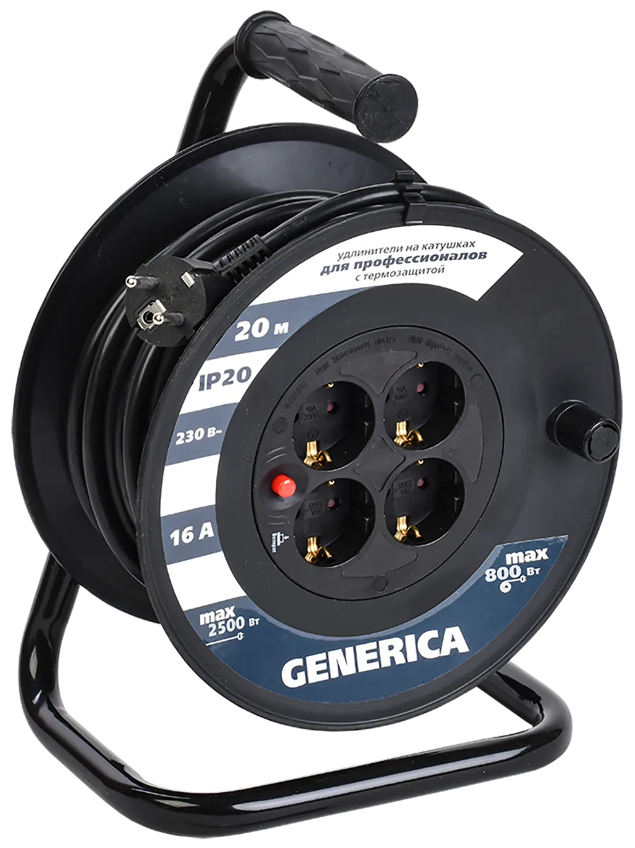 Катушка УК20 с термозащитой 4 места 2P+PE/20м 3х1,5мм2 GENERICA - Фото 2
