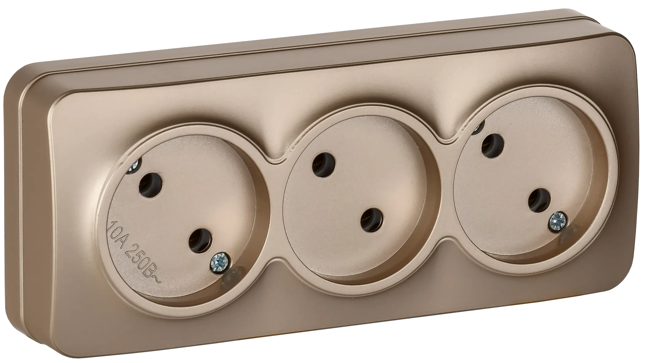 GLORY Розетка 3-местная для открытой установки без заземления без защитных шторок 10А РС23-2-ХШм шампань матовый IEK