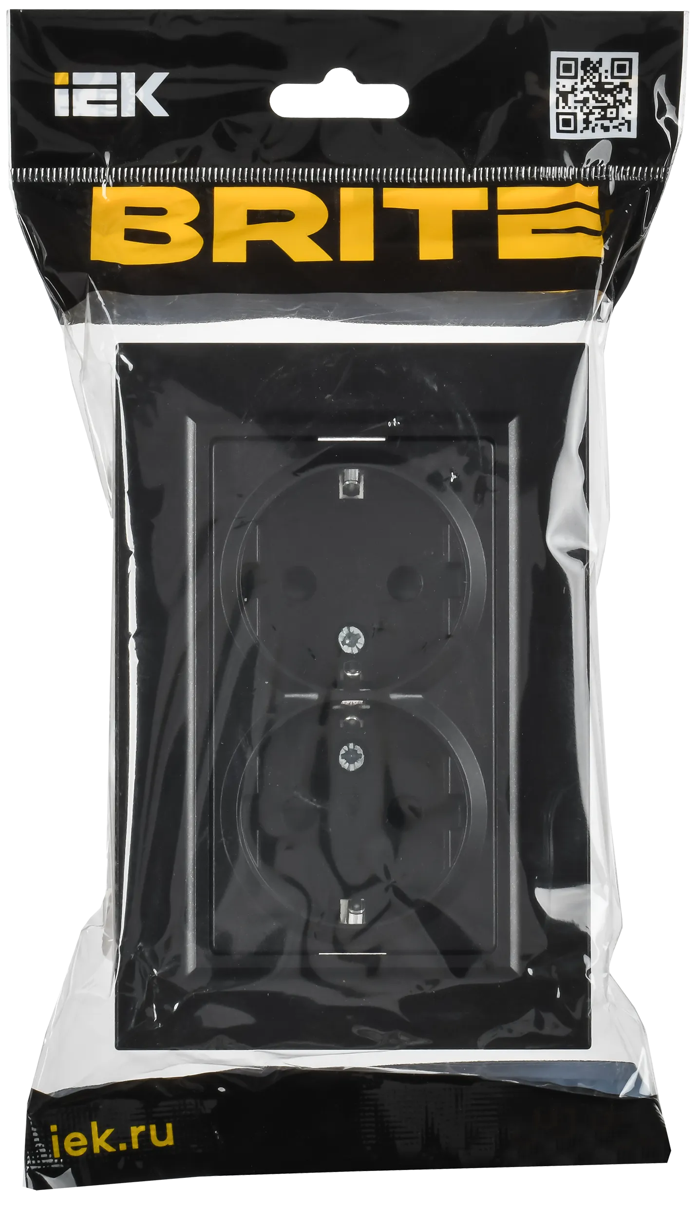 BRITE Розетка 2-местная с заземлением с защитными шторками плоская 16А в сборе РСшПл12-3-БрЧ черный IEK - Фото 2