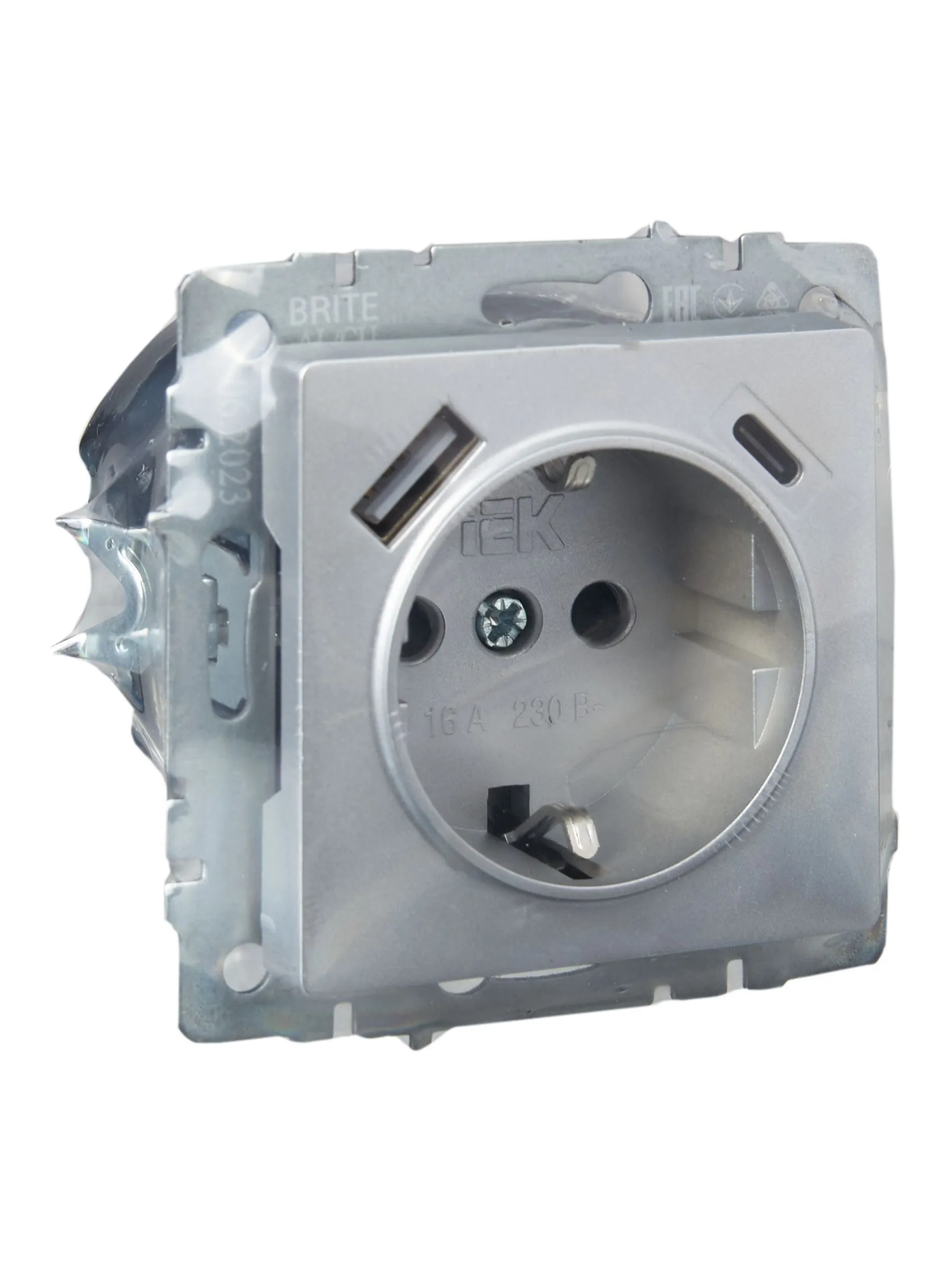 BRITE Розетка 1-местная с заземлением с защитными шторками 16А с USB A+C 18Вт РЮш11-1-БрА алюминий IEK - Фото 6