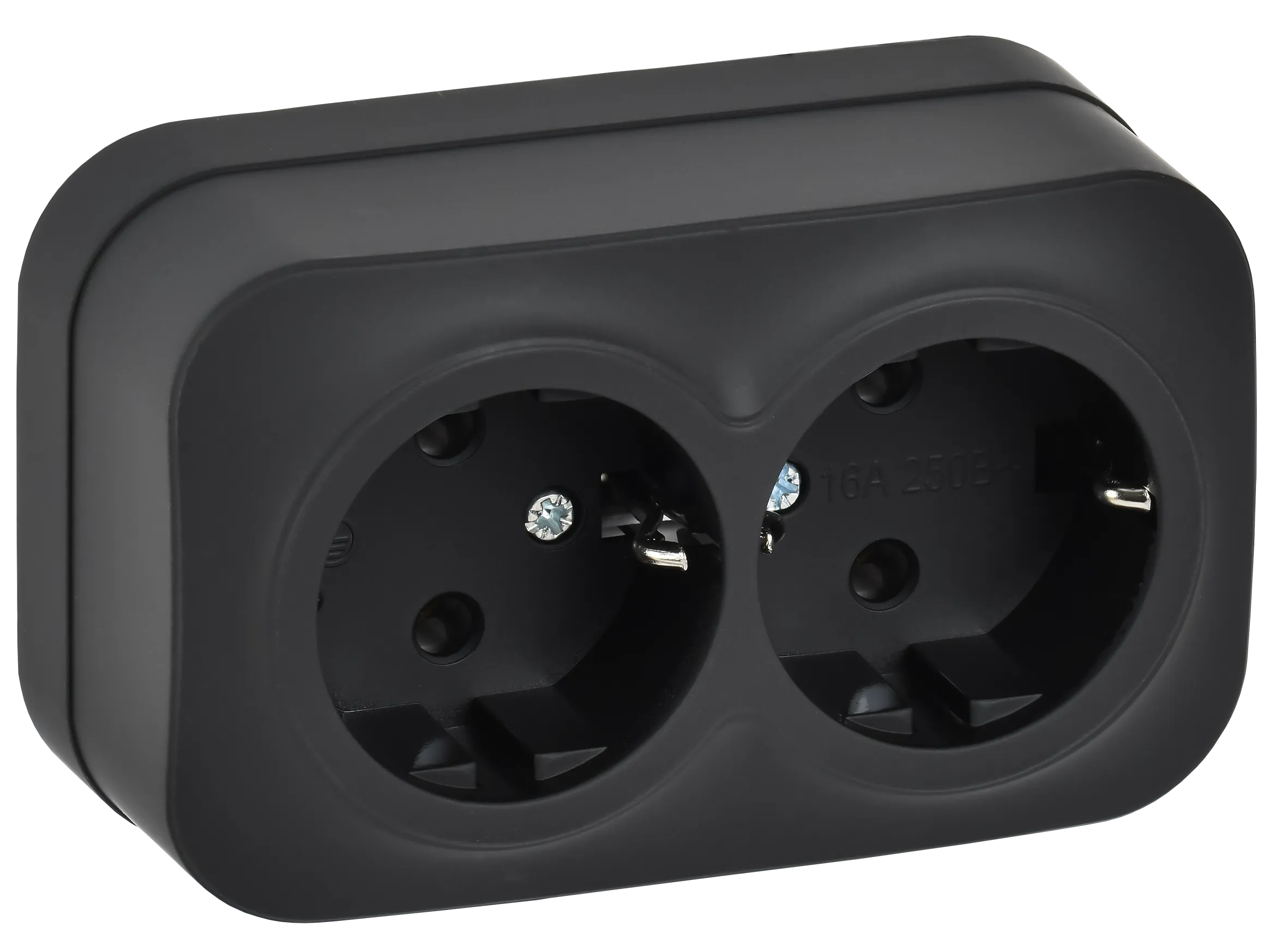 GLORY Розетка 2-местная для открытой установки с заземлением без защитных шторок 16А РС22-3-ХЧм черный матовый IEK ERH21-K02M-16