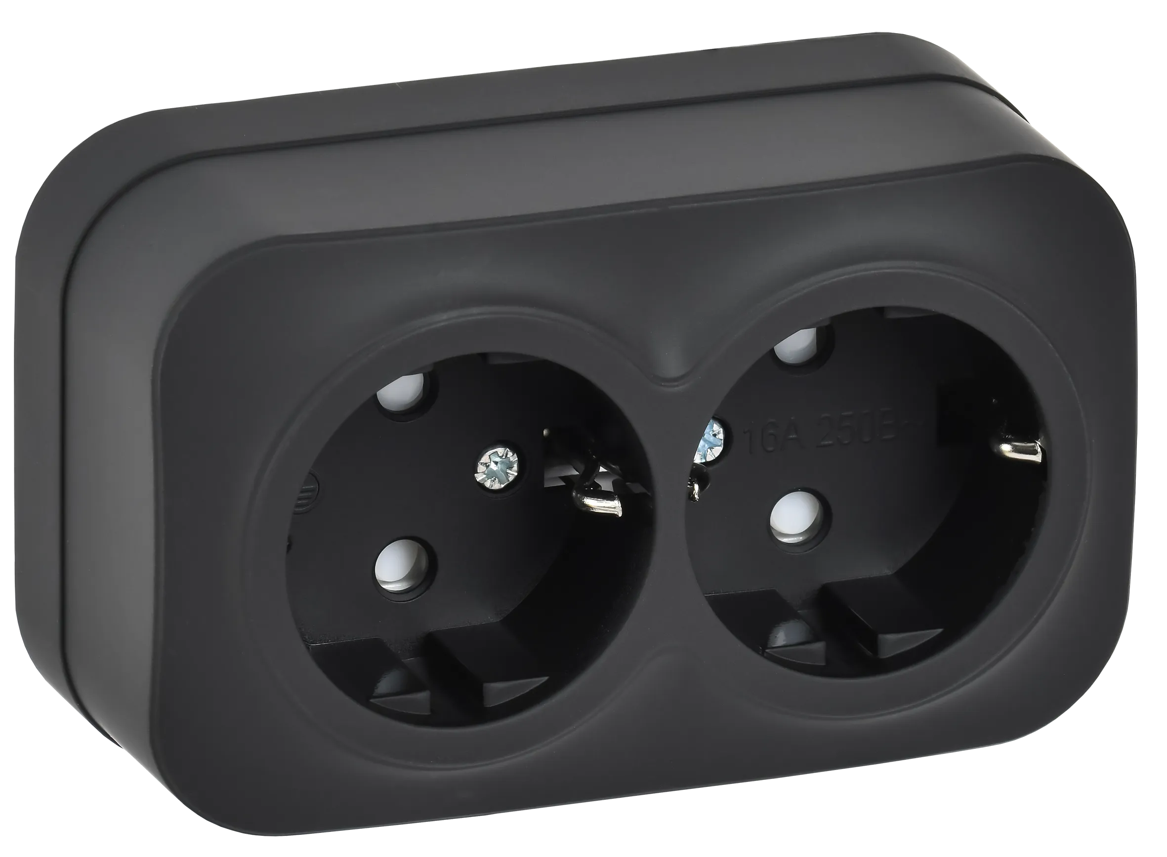 GLORY Розетка 2-местная для открытой установки с заземлением с защитными шторками 16А РСш22-3-ХЧм черный матовый IEK