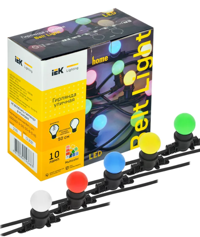 LIGHTING Гирлянда белт-лайт 5м 10 цветных ламп IP65 черный шнур 3м 230В транзит IEK