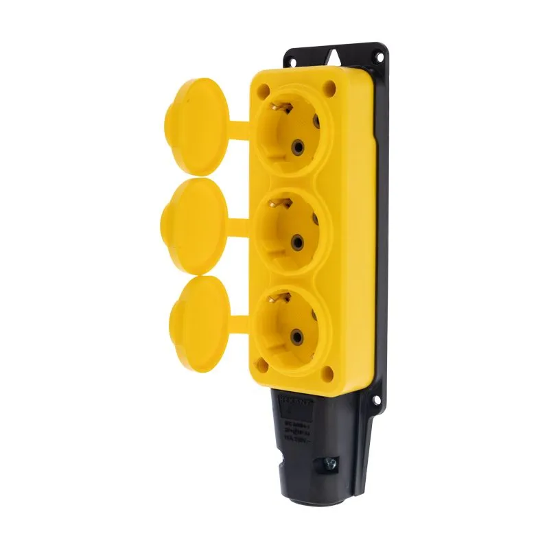 Розетка (колодка) влагозащищенная с крышкой 3 гнезда, с/з, 16А, IP54, каучук, желтая REXANT - Фото 4