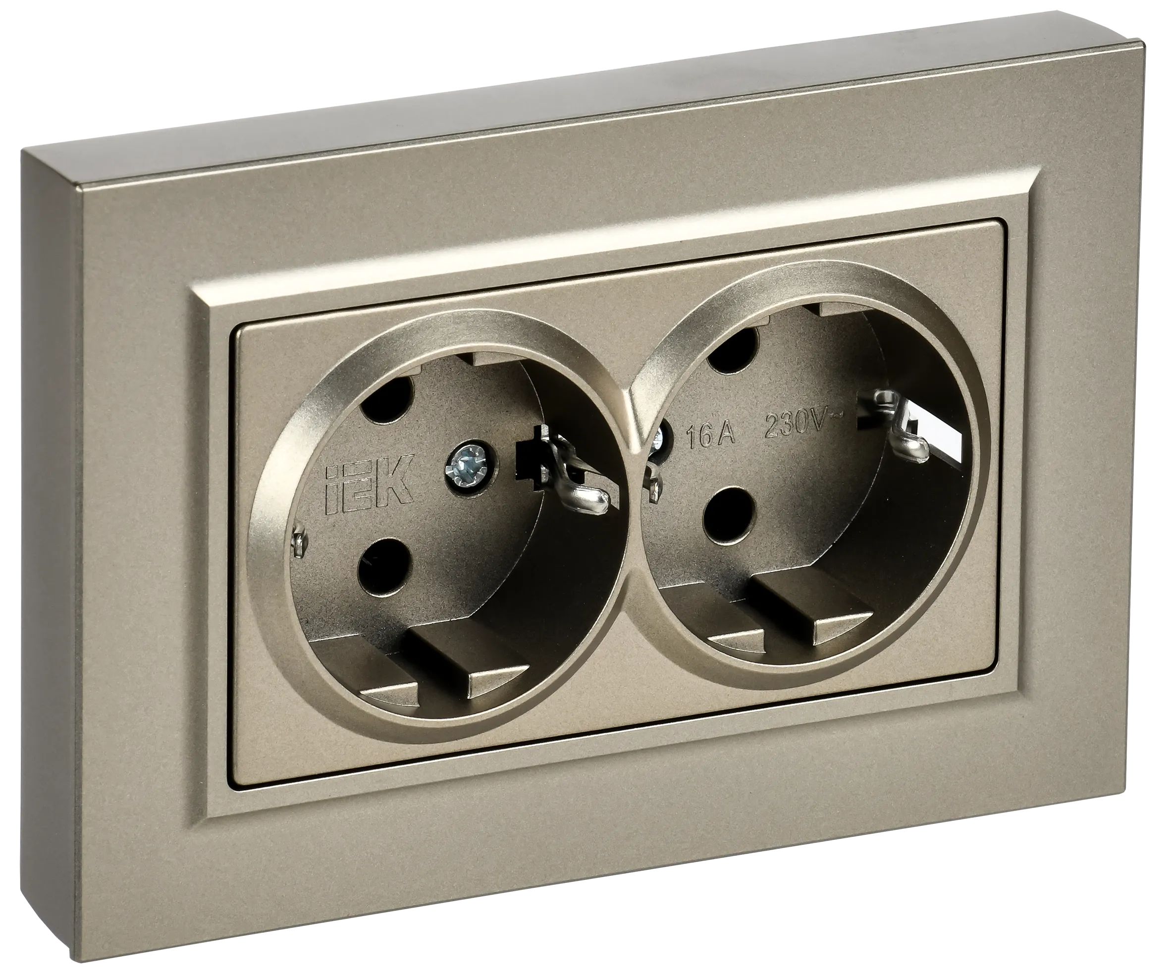 BRITE Розетка 2-местная с заземлением без защитных шторок плоская 16А в сборе РСПл12-3-БрШ шампань IEK BR-R27-16-K37-F