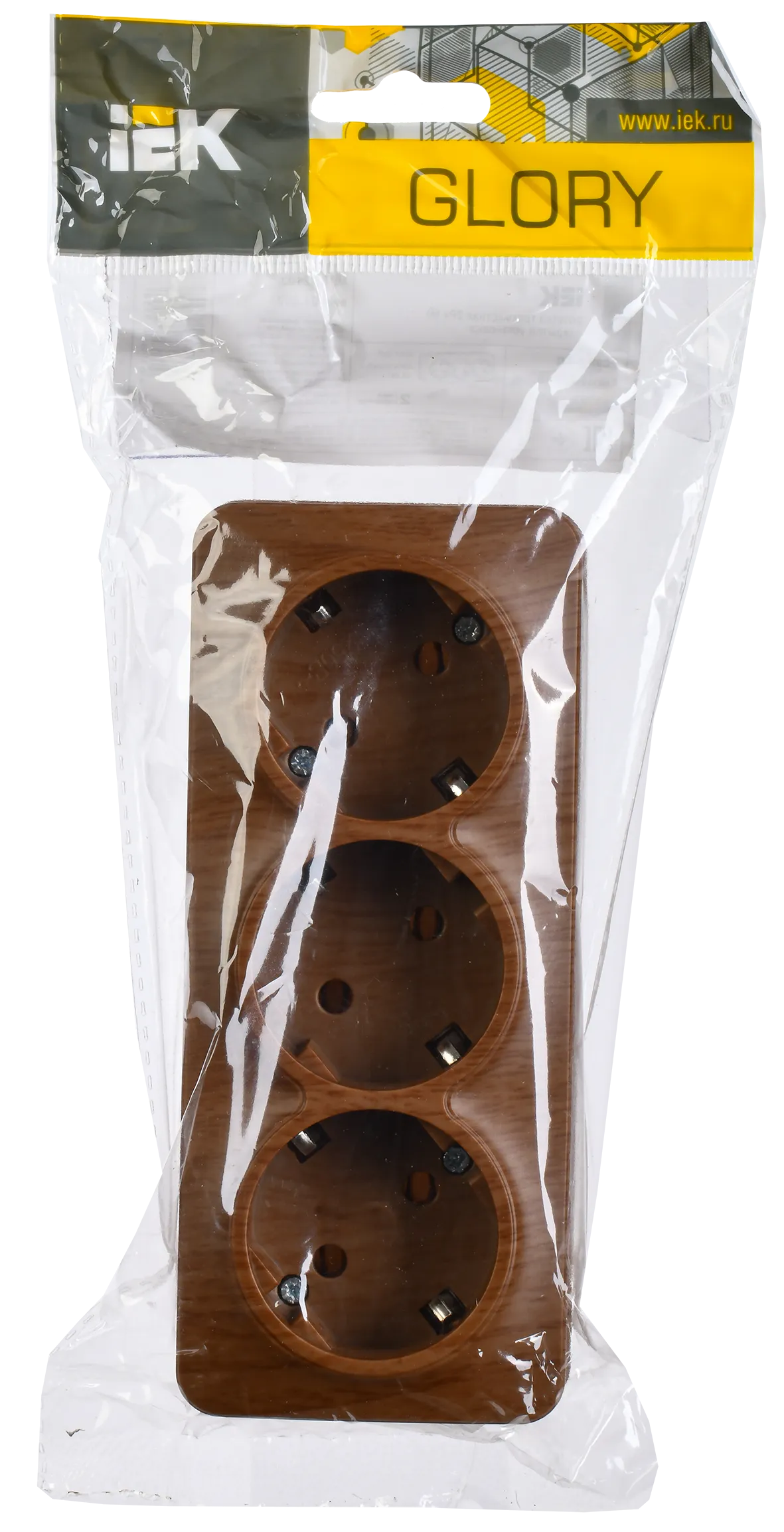 GLORY Розетка 3-местная для открытой установки с заземлением без защитных шторок 16А РС23-3-ХД дуб IEK - Фото 2