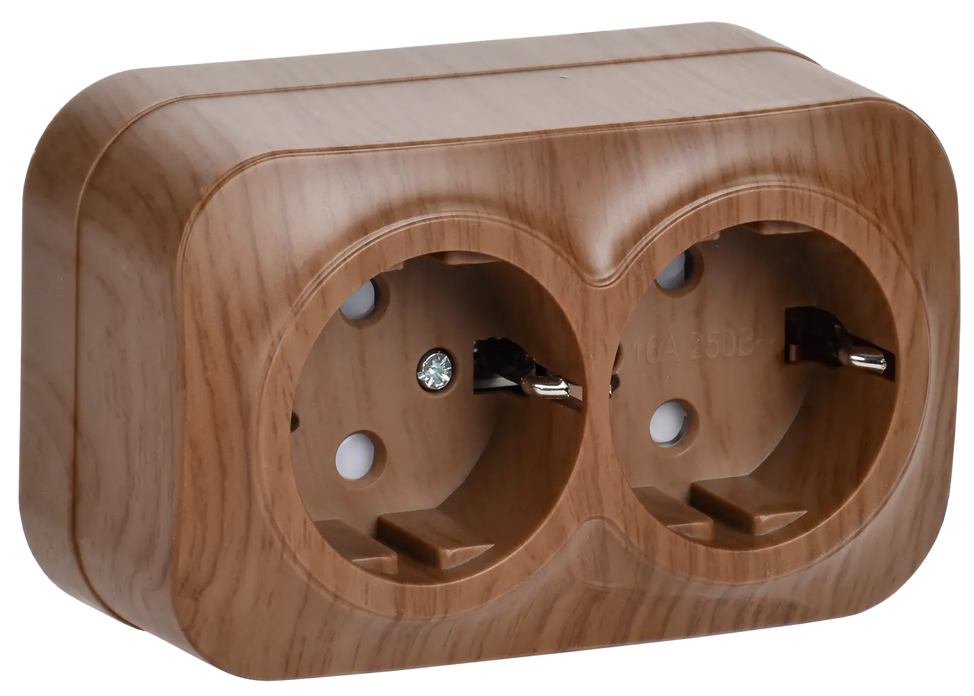 GLORY Розетка 2-местная для открытой установки с заземлением с защитными шторками 16А РСш22-3-ХД дуб IEK ERH24-K24-16