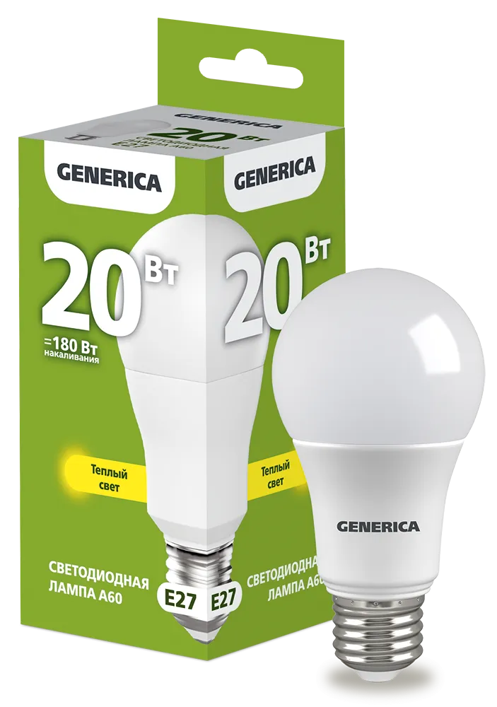 Лампа светодиодная A60 груша 20Вт 230В 3000К E27 GENERICA