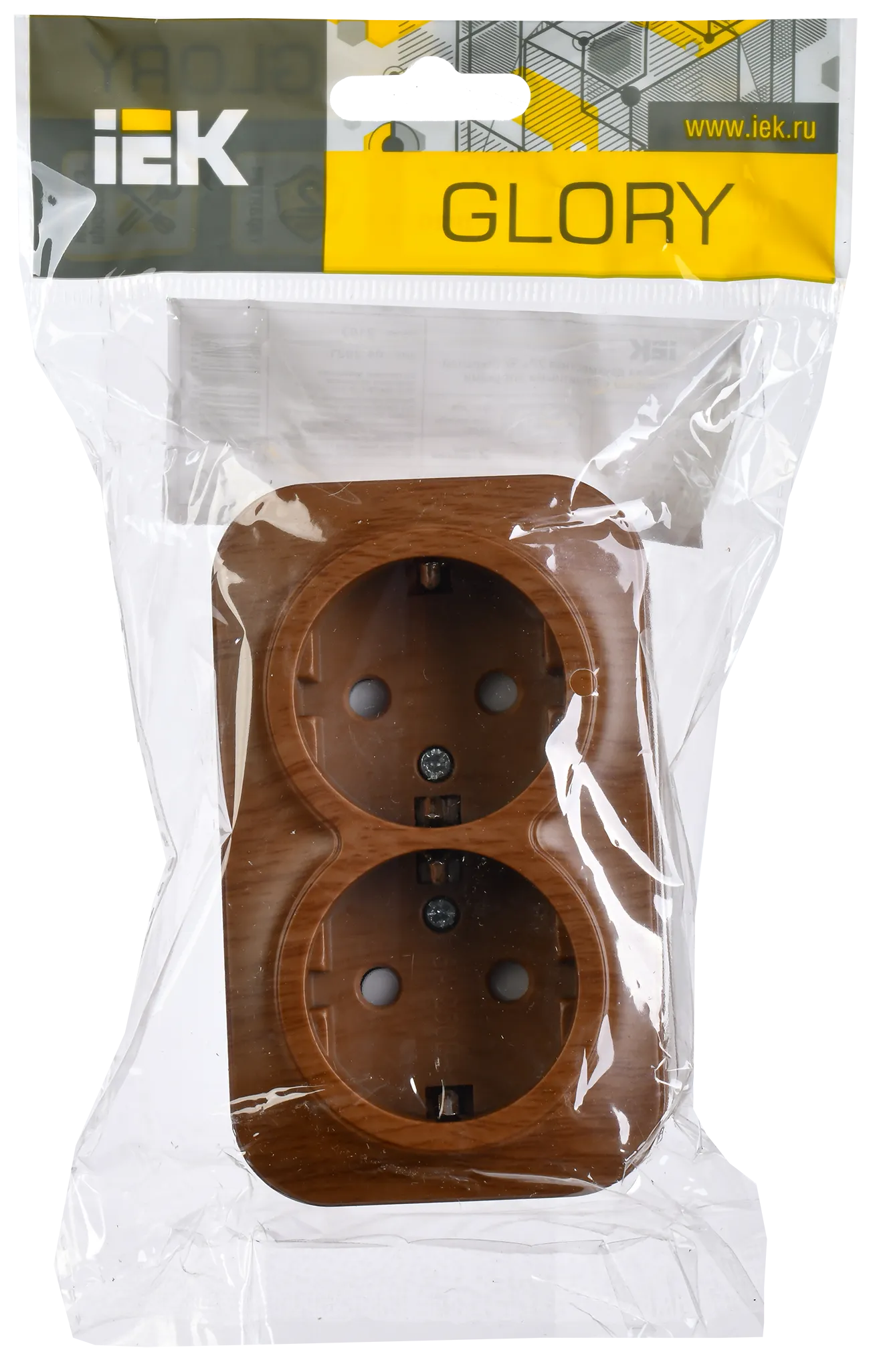 GLORY Розетка 2-местная для открытой установки с заземлением с защитными шторками 16А РСш22-3-ХД дуб IEK - Фото 2