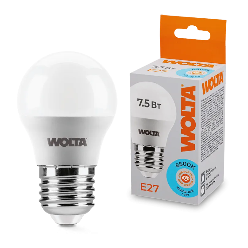 Лампа светодиодная "Шар G45" 7.5Вт 450лм 6500К Е27 (50шт/уп) WOLTA