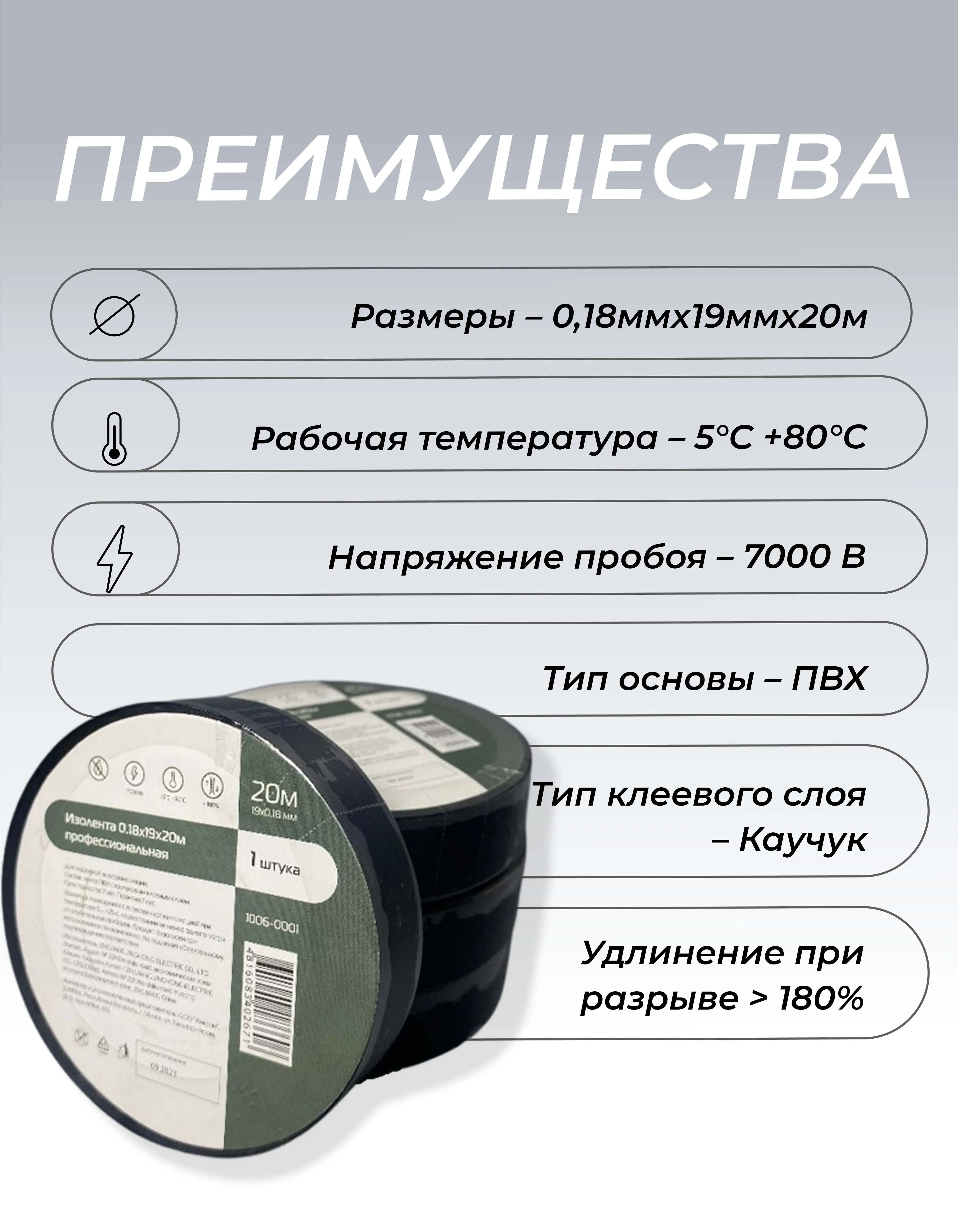 Изолента ПВХ 0,18х19мм, 20м профессиональная черная (10шт/уп) DEKRON - Фото 2