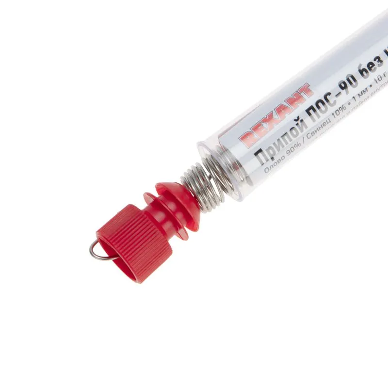 Припой без канифоли ПОС-90, 10г, Ø1мм, (олово 90%, свинец 10%), колба REXANT - Фото 4