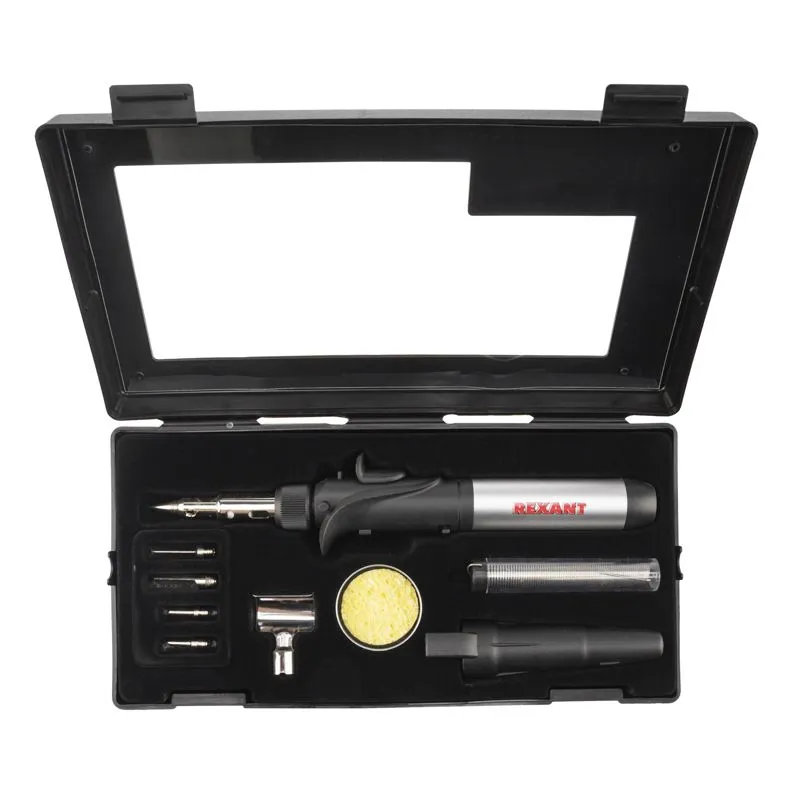 Паяльник-горелка с пьезоподжигом, газовый, 17мл, 6 насадок + припой + губка, коробка REXANT - Фото 4