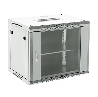 Настенный шкаф 19" 9U 600×450×501 (ШxГxВ), дверь стекло, металлическая задняя стенка, боковые съемные стенки, RAL 7035 REXANT 04-0964-111