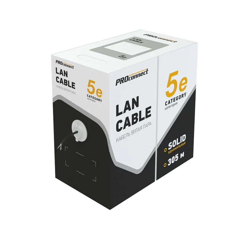 Кабель витая пара U/UTP, CAT 5e, PE, 4PR, 24AWG, OUTDOOR, SOLID, черный, 305м PROconnect - Фото 2