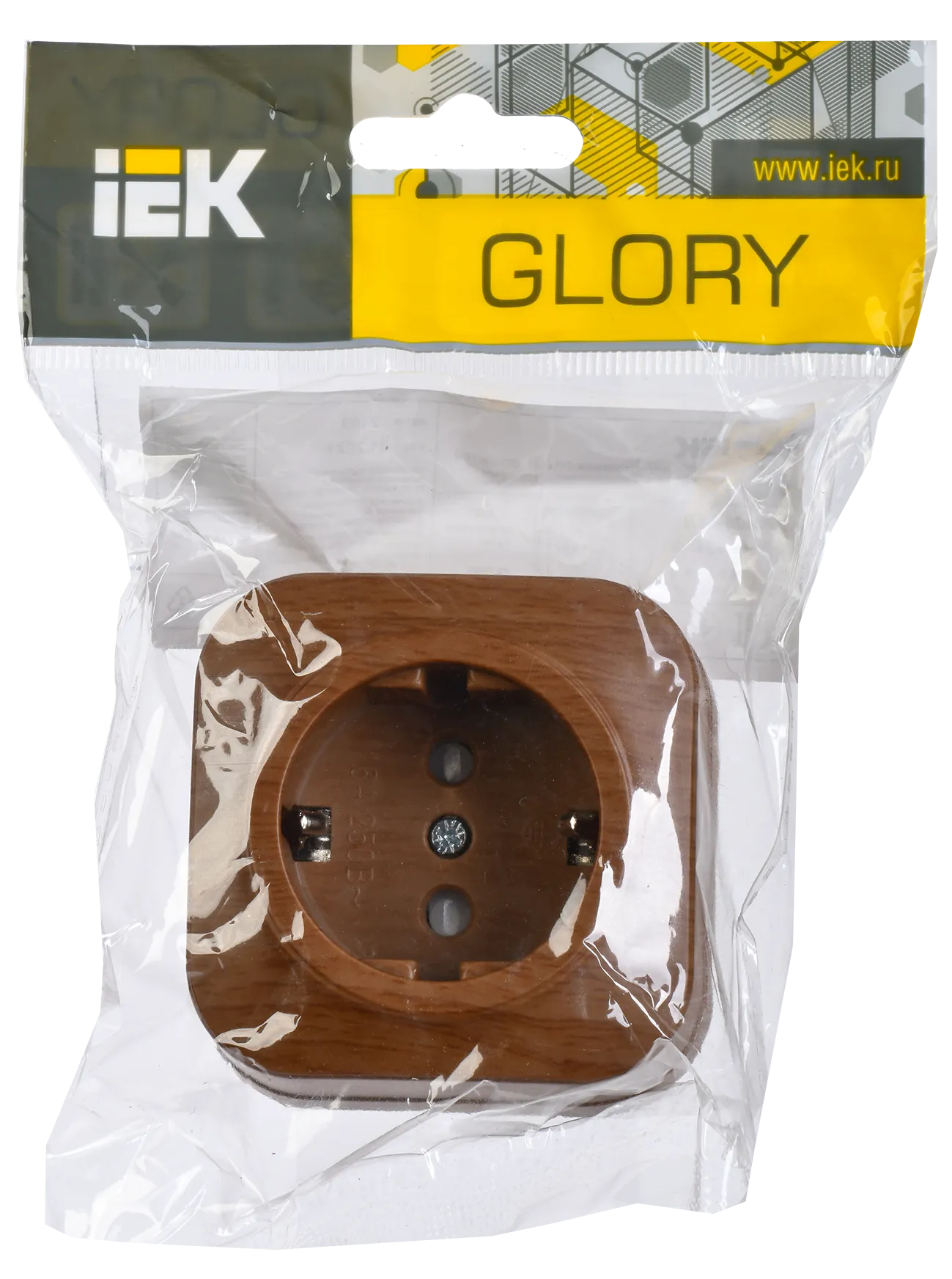 GLORY Розетка 1-местная для открытой установки с заземлением с защитными шторками 16А РСш20-3-ХД дуб IEK - Фото 2