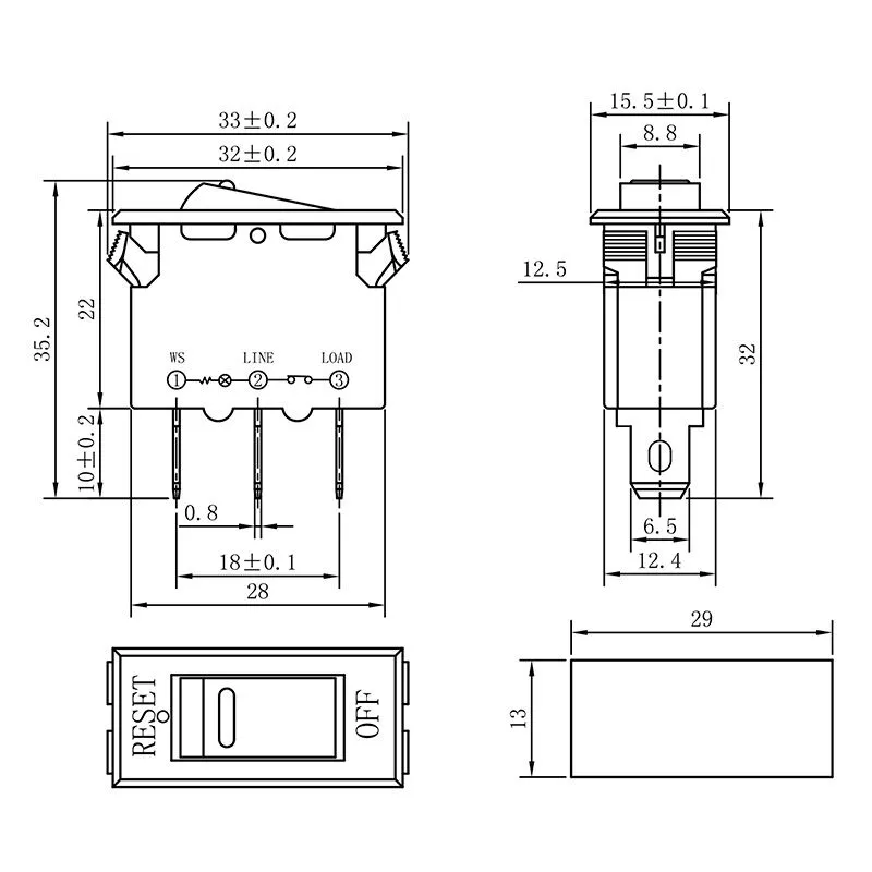 Выключатель - автомат клавишный 250V 15А (3с) RESET-OFF красный  с подсветкой  REXANT - Фото 2