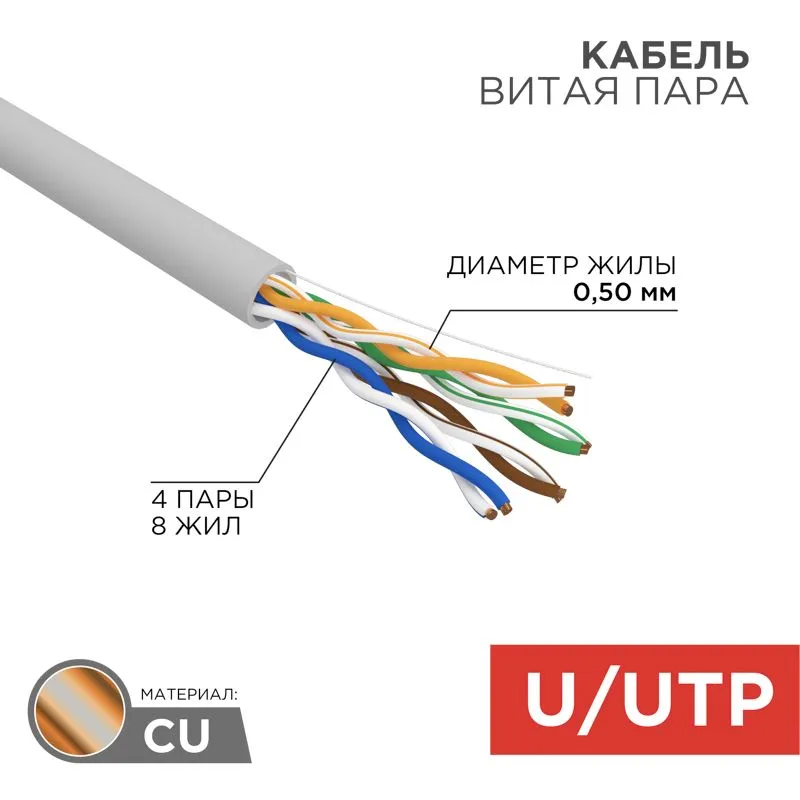 Кабель витая пара U/UTP, CAT 5e, PVC нг(А)-LS, 4х2х0,52мм, 4PR, 24AWG, INDOOR, SOLID, серый, 305м, РФ REXANT