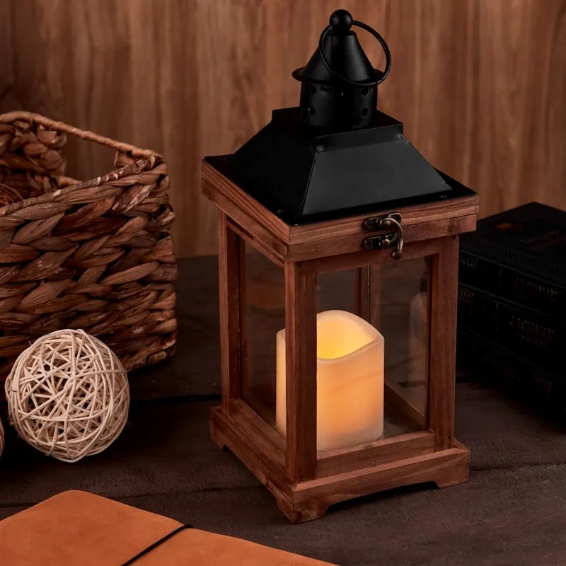 Декоративный фонарь со свечкой, корпус из дерева, размер 14х14х35cм, цвет теплый белый - Фото 2
