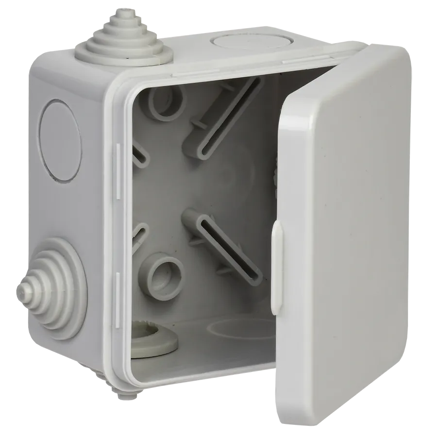 Коробка распаячная для о/п 80х80х50мм IP54 с откидной крышкой КМ41238 безгалогенная (HF) 7 гермовводов серая IEK UKO31-080-080-050-K03-54