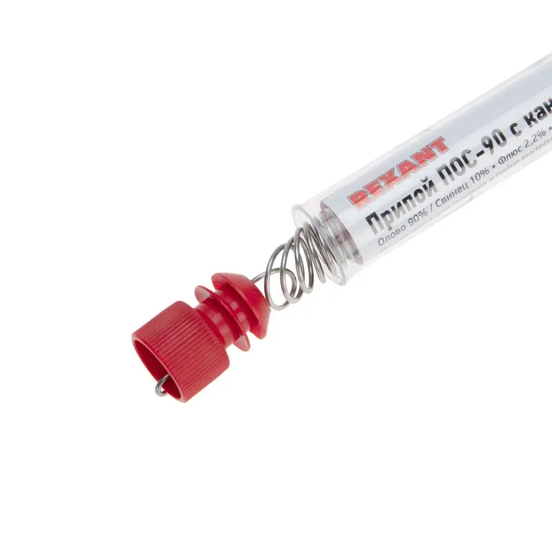 Припой с канифолью ПОС-90, 10г, Ø1мм, (олово 90%, свинец 10%), колба REXANT - Фото 4