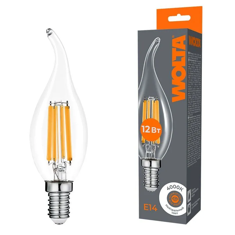 Светодиодная лампа WOLTA Filament, AC 210-240В, 50/60 Гц, прозрачное стекло, "Свеча на ветру", CT35, E14, 12 Вт 1050 лм, 4000 К, 1/10/100 WF-CT35-12W4KE14