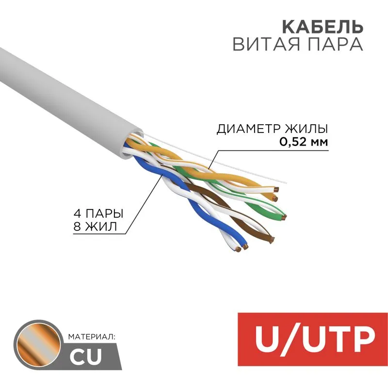 Кабель витая пара, U/UTP, CAT 5e, ZH нг(А)-HF, 4х2х0,52мм, 24AWG, INDOOR, SOLID, серый, 305м REXANT PRO