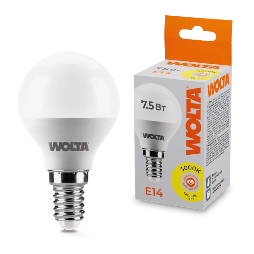 Лампа светодиодная "Шар G45" 7.5Вт 450лм 3000К Е14 (50шт/уп) WOLTA